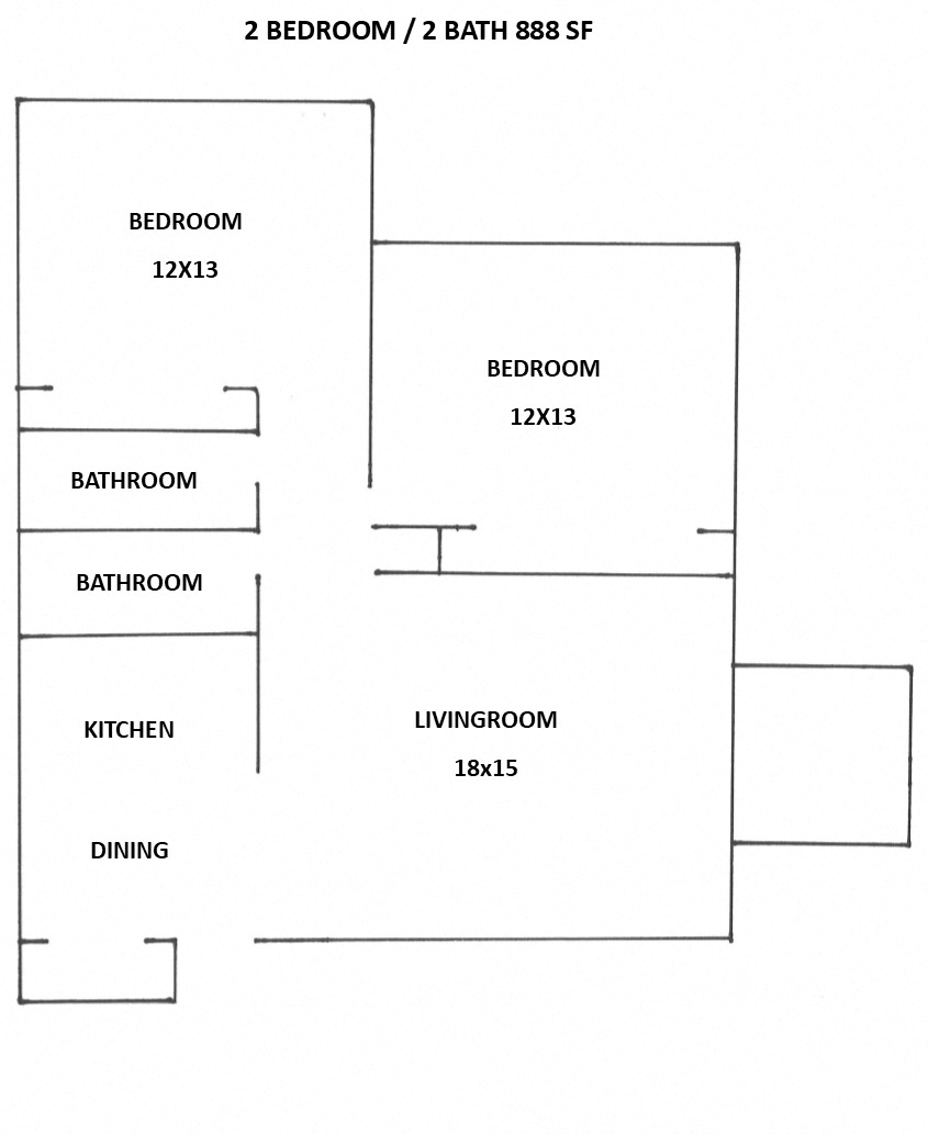 Floor plan for 2 beds, 2 baths, 1020 sqft